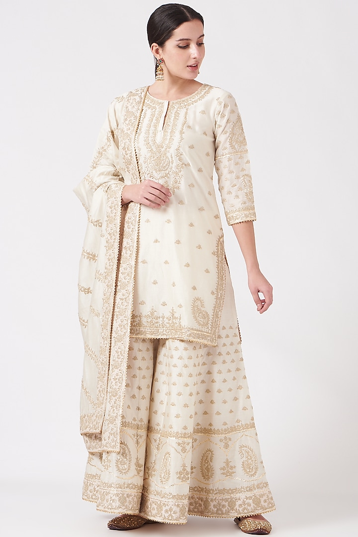 Daisy Ivory Pure Silk Chanderi Kashmiri Tilla Embroidered Gharara Set by Sheetal Batra