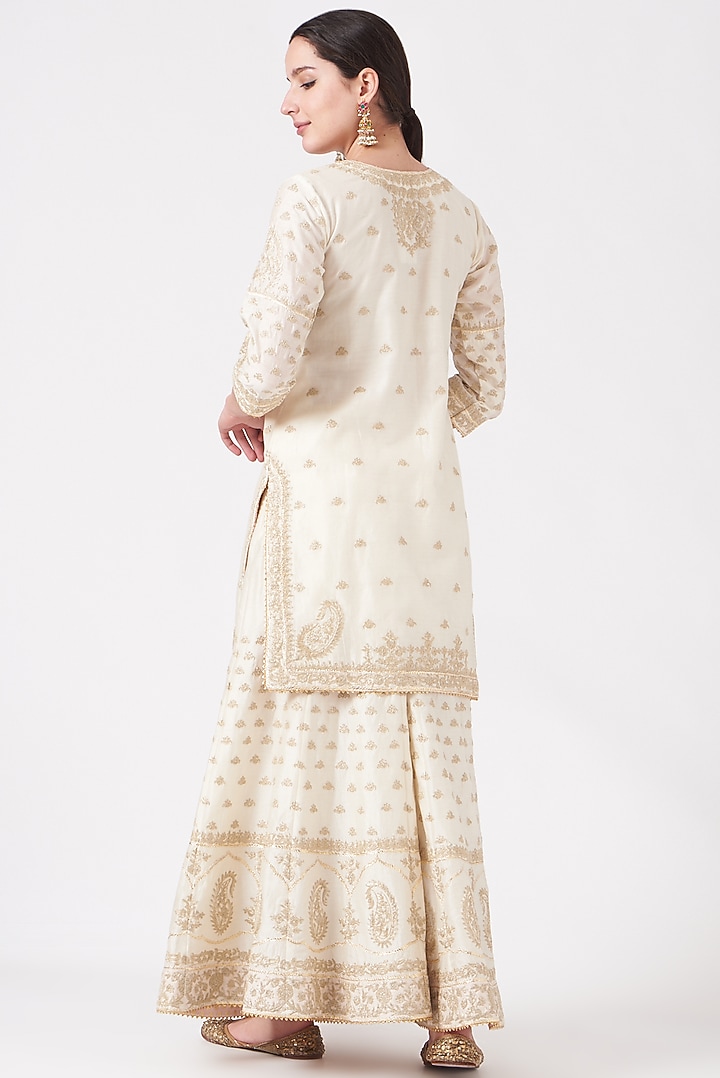 Daisy Ivory Pure Silk Chanderi Kashmiri Tilla Embroidered Gharara Set by Sheetal Batra at Pernia's Pop Up Shop