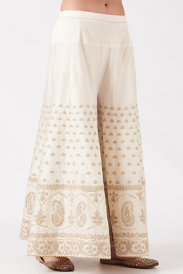 Daisy Ivory Pure Silk Chanderi Kashmiri Tilla Embroidered Gharara Set by Sheetal Batra at Pernia's Pop Up Shop