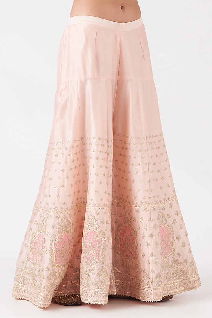 Blush Pink Pure Silk Chanderi Kashmiri Tilla Embroidered Gharara Set by Sheetal Batra at Pernia's Pop Up Shop