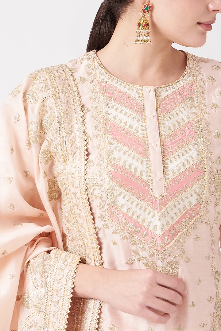 Blush Pink Pure Silk Chanderi Kashmiri Tilla Embroidered Gharara Set by Sheetal Batra at Pernia's Pop Up Shop