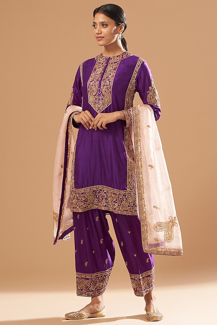 Purple Embroidered A-line Kurta Set by Sheetal Batra