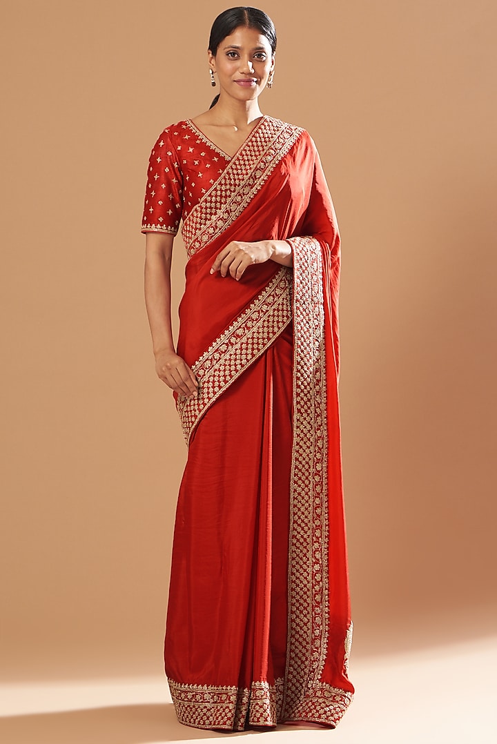 Red Embroidered Saree Set by Sheetal Batra
