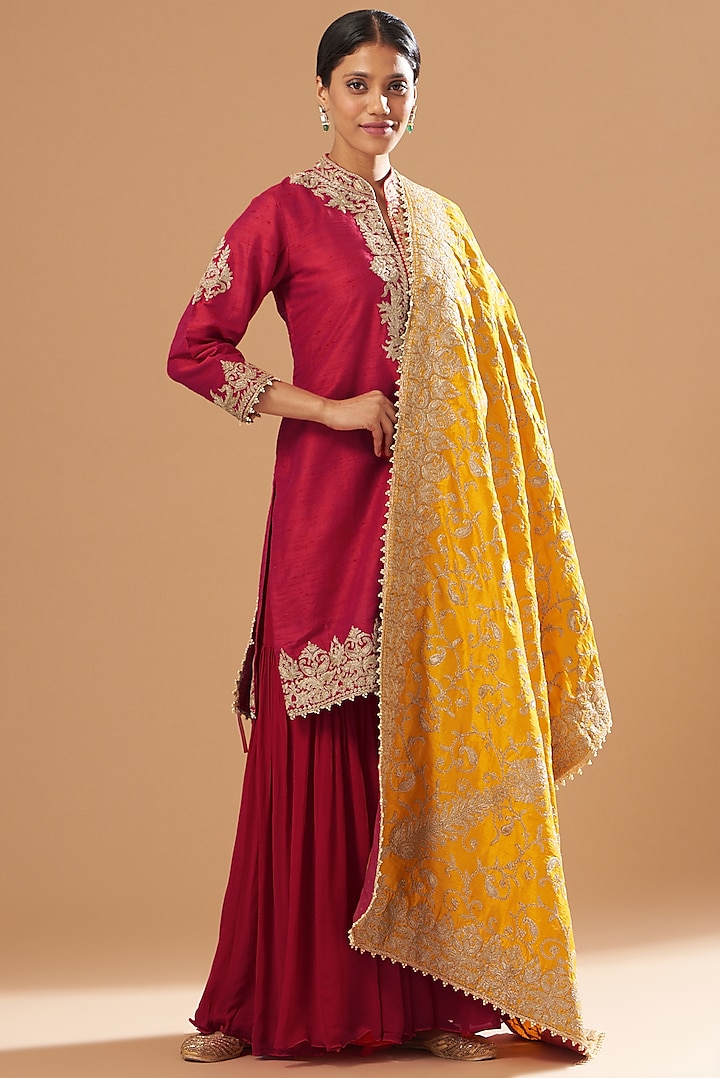 Fuchsia Raw Silk Gharara Set by Sheetal Batra at Pernia's Pop Up Shop