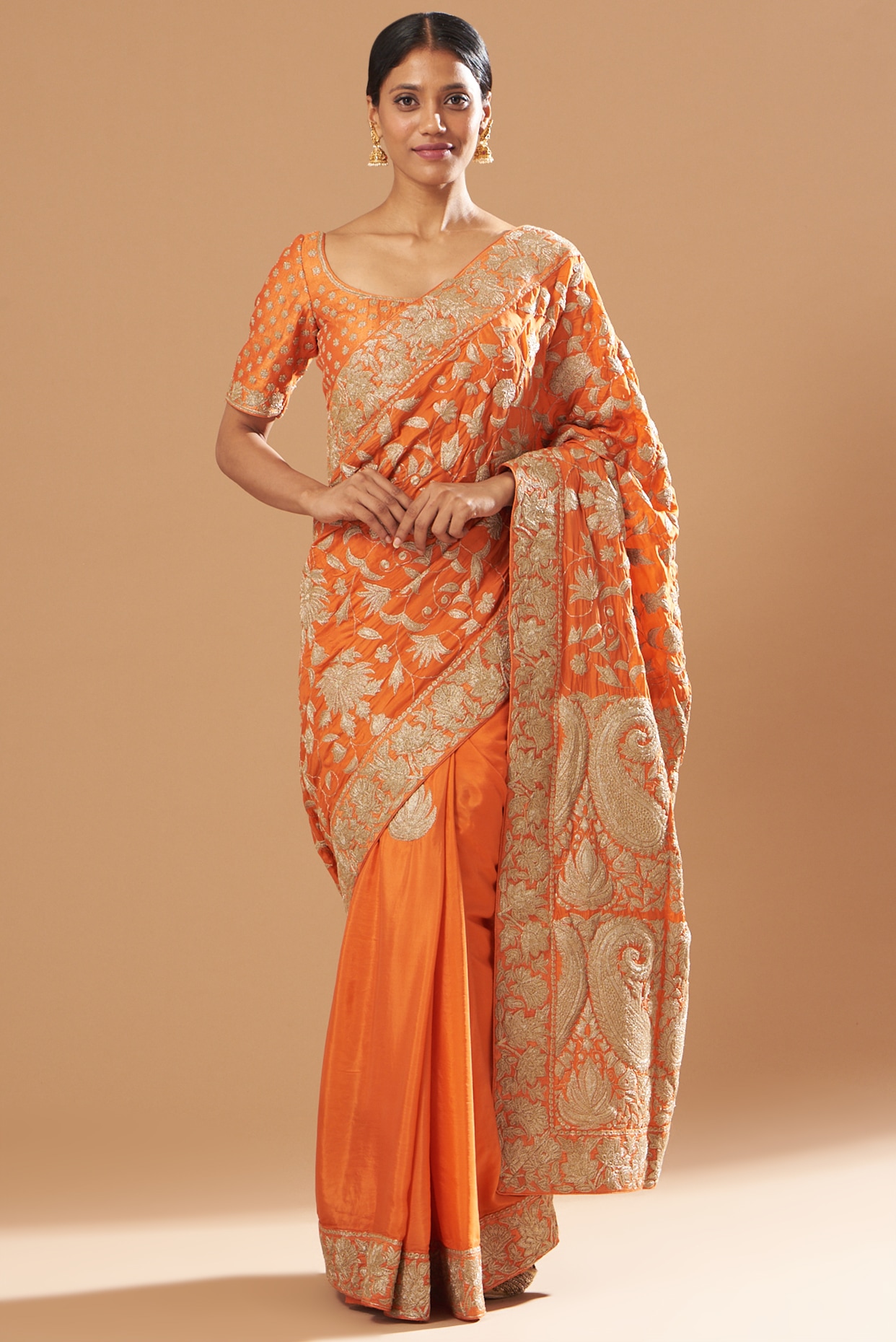 Orange Embroidered Saree Set by Sheetal Batra at Pernia's Pop Up
