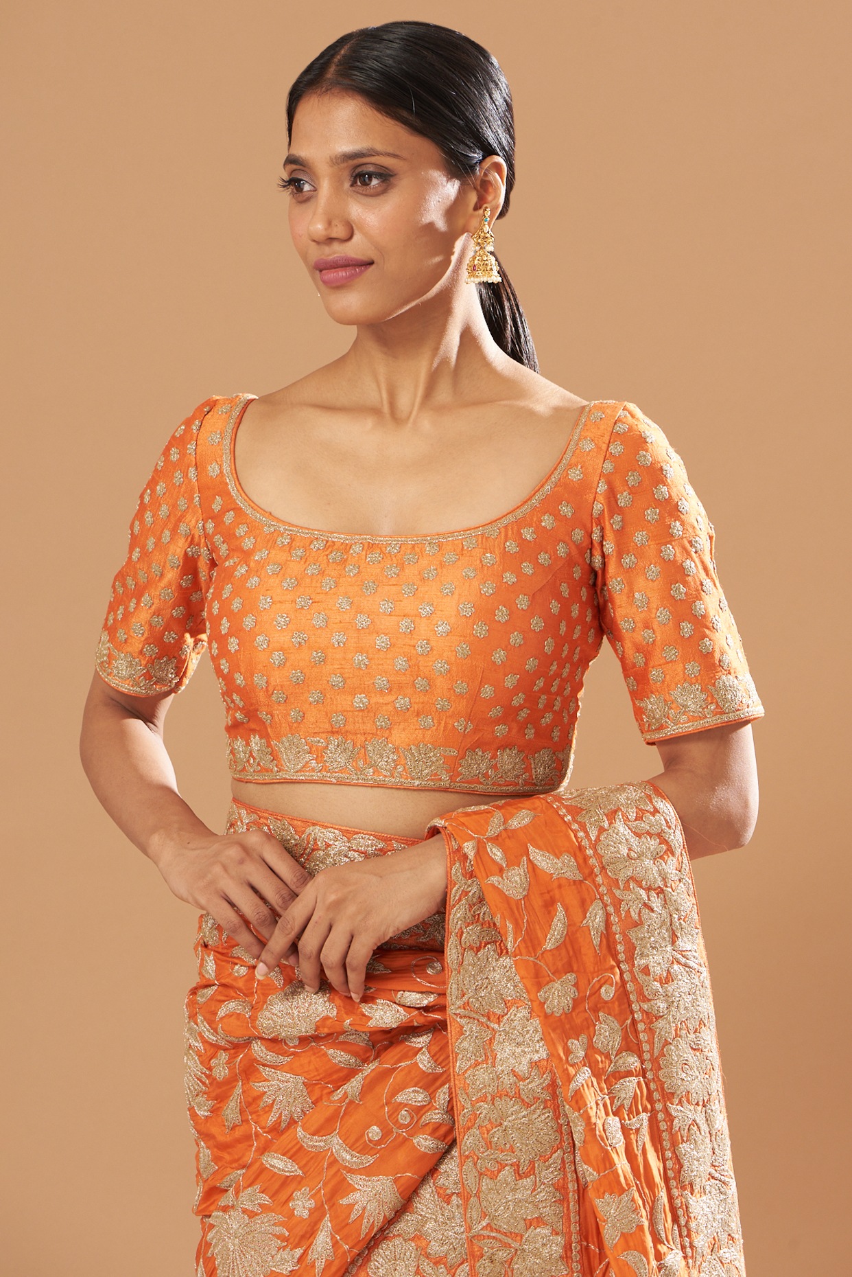 Orange Embroidered Saree Set by Sheetal Batra at Pernia's Pop Up