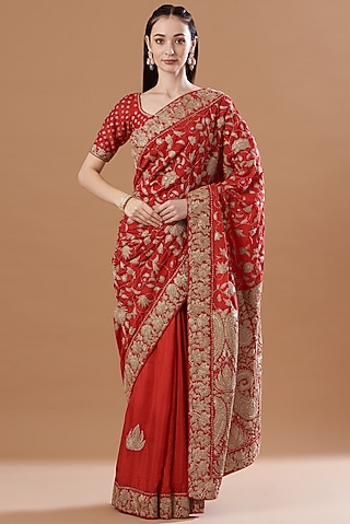 Red Embroidered Saree Set by Sheetal Batra