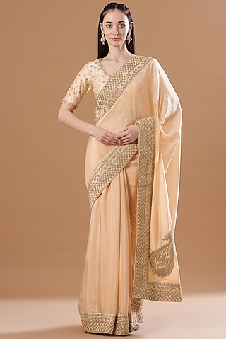 Peach Tilla Embroidered Saree Set by Sheetal Batra