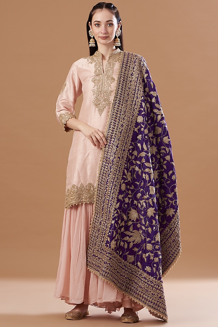 Blush Pink Chanderi Silk Kashmiri Tilla Embroidered Gharara Set by Sheetal Batra at Pernia's Pop Up Shop