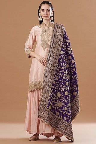 Blush Pink Chanderi Silk Kashmiri Tilla Embroidered Gharara Set by Sheetal Batra