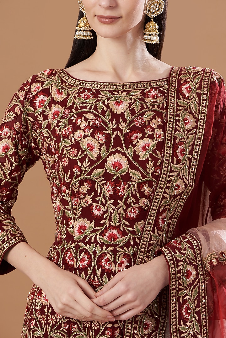 Maroon Embroidered Bridal Anarkali Set by Sheetal Batra at Pernia's Pop Up Shop