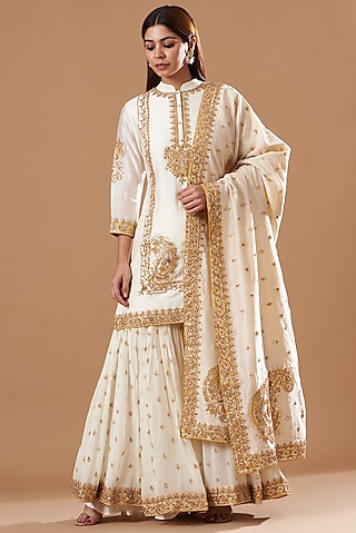 White Georgette Dabka Embroidered Gharara Set by Sheetal Batra