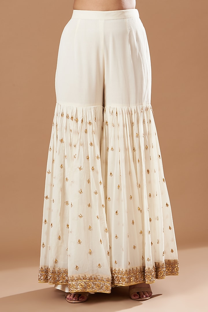 White Georgette Dabka Embroidered Gharara Set by Sheetal Batra at Pernia's Pop Up Shop