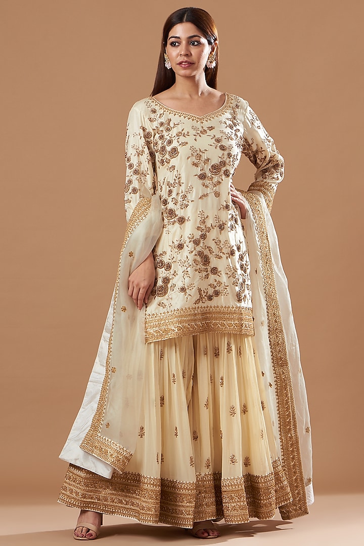 White Georgette Zardosi Embroidered Gharara Set by Sheetal Batra