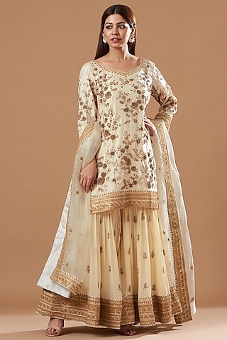 White Georgette Zardosi Embroidered Gharara Set by Sheetal Batra