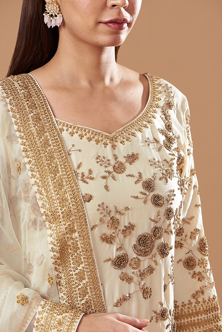 White Georgette Zardosi Embroidered Gharara Set by Sheetal Batra at Pernia's Pop Up Shop