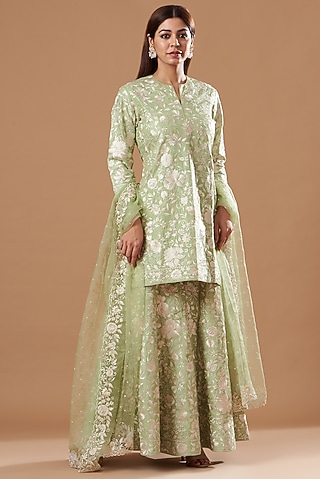 Mint Green Bangalore Silk Embroidered Gharara Set by Sheetal Batra