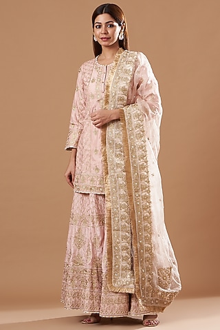 Blush Pink Georgette Tilla Embroidered Gharara Set by Sheetal Batra