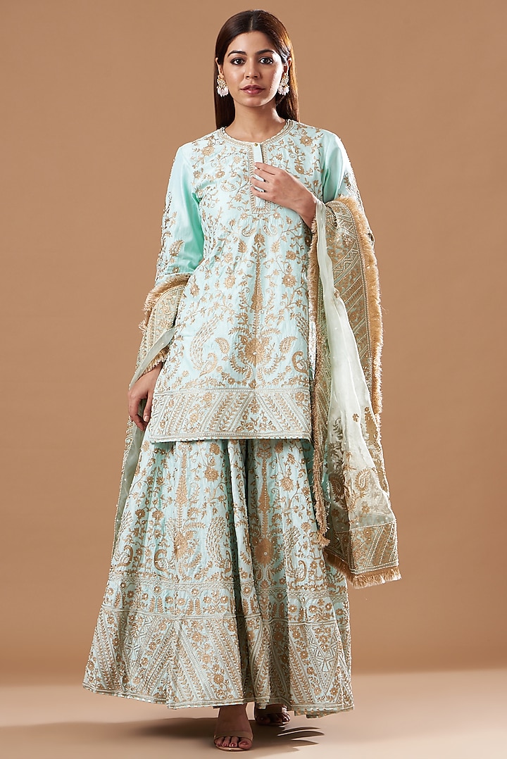 Sky Blue Georgette Tilla Embroidered Gharara Set by Sheetal Batra