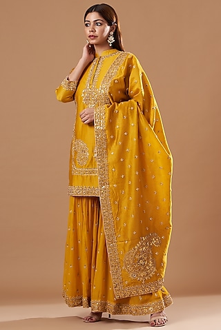 Mustard Silk Georgette Gota-Patti Embroidered Gharara Set by Sheetal Batra