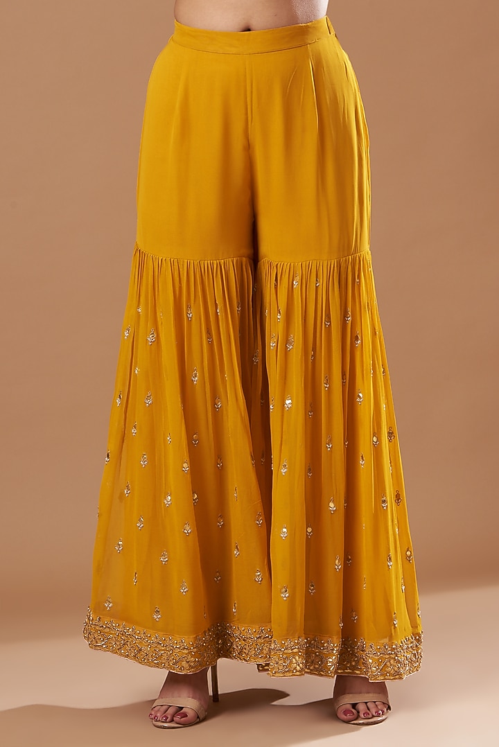 Mustard Silk Georgette Gota-Patti Embroidered Gharara Set by Sheetal Batra at Pernia's Pop Up Shop