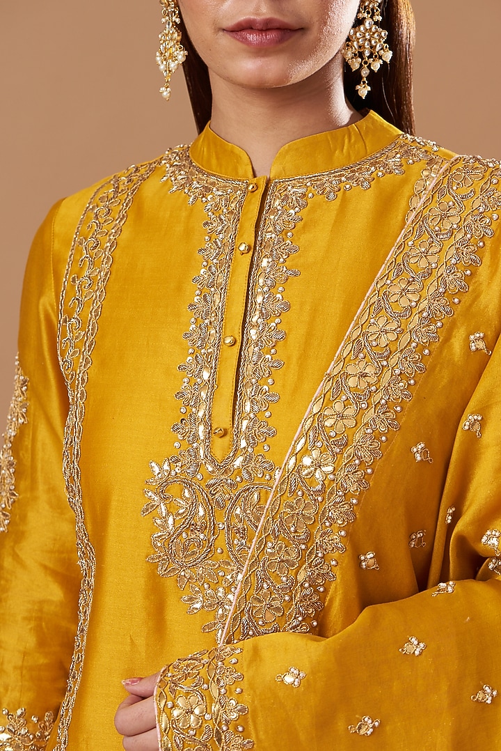 Mustard Silk Georgette Gota-Patti Embroidered Gharara Set by Sheetal Batra at Pernia's Pop Up Shop