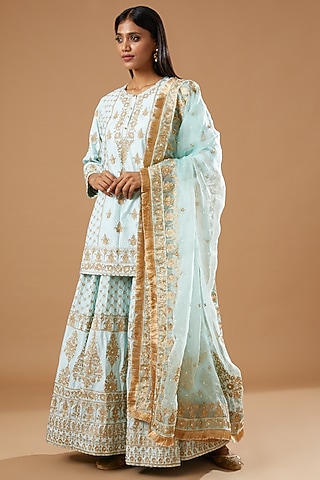 Sky Blue Bangalore Silk Embroidered Gharara Set by Sheetal Batra