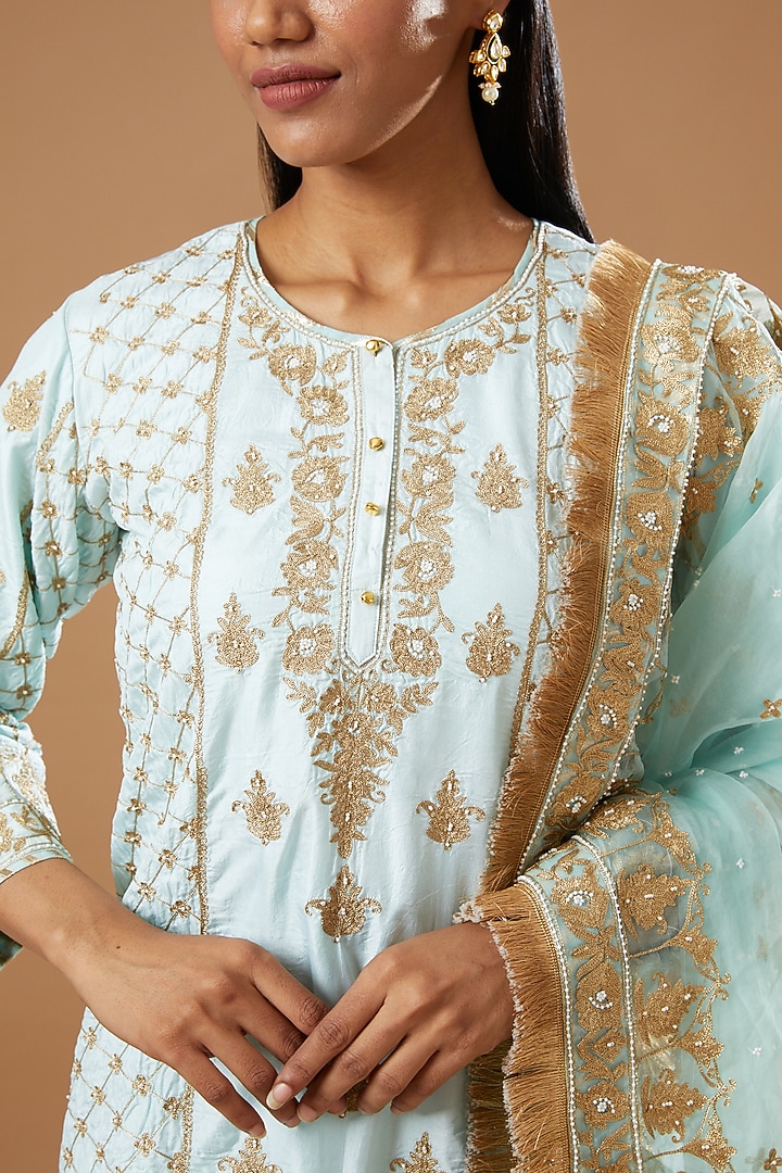 Sky Blue Bangalore Silk Embroidered Gharara Set by Sheetal Batra at Pernia's Pop Up Shop