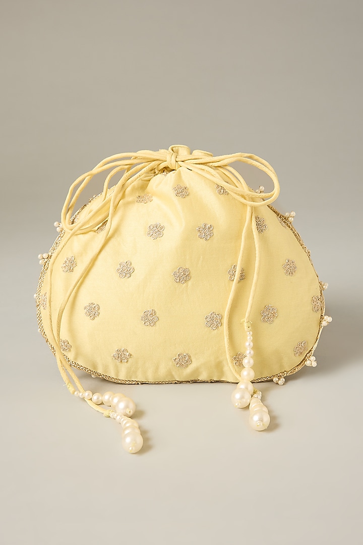 Yellow Chanderi Silk Potli Bag With Kashmiri Tilla Work by Sheetal Batra at Pernia's Pop Up Shop