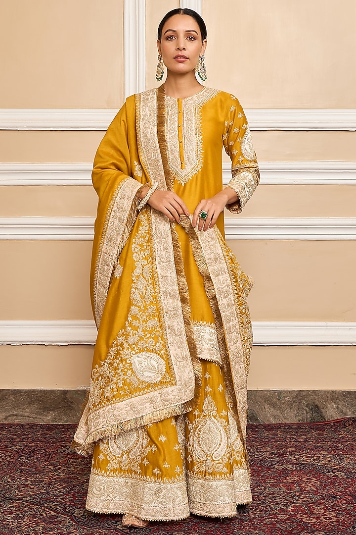 Mustard Silk Chanderi Embroidered Kurta Set by Sheetal Batra