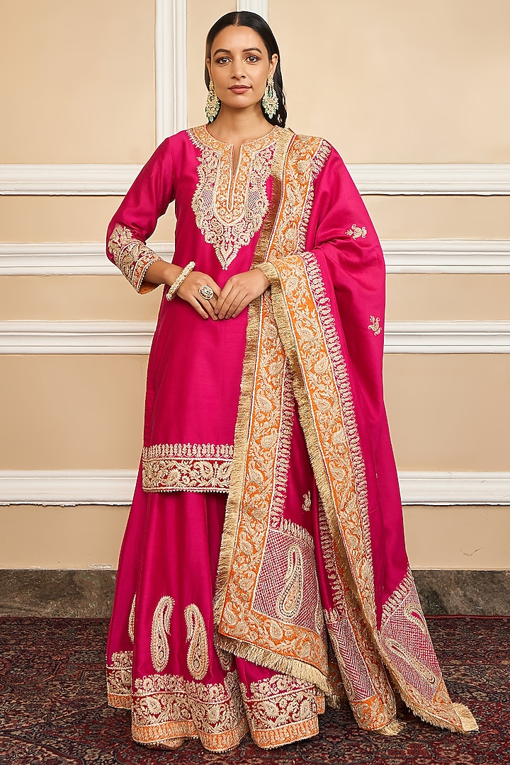Hot Pink Silk Chanderi Embroidered Kurta Set by Sheetal Batra