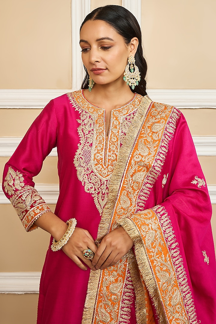 Hot Pink Silk Chanderi Embroidered Kurta Set by Sheetal Batra at Pernia's Pop Up Shop