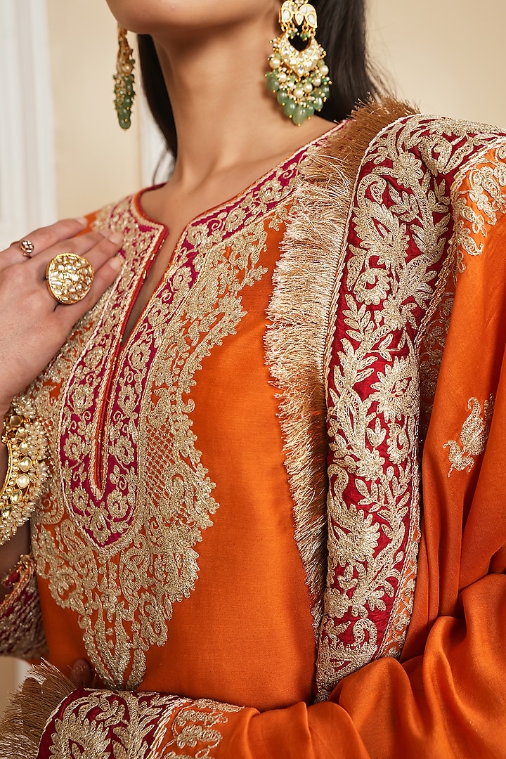 Orange Silk Chanderi Embroidered Kurta Set by Sheetal Batra at Pernia's Pop Up Shop