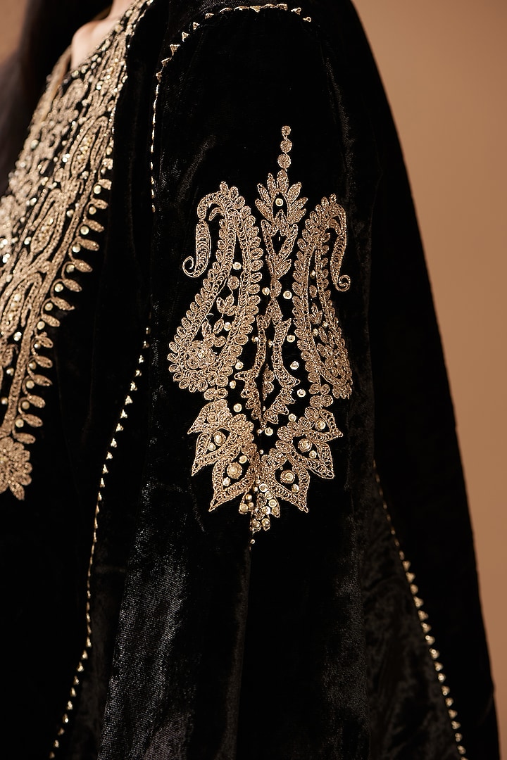 Black Silk Velvet Hand & Machine Embroidered Choga Kurta Set by Sheetal Batra at Pernia's Pop Up Shop