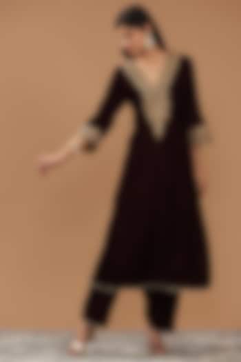 Wine Silk Velvet Hand & Machine Embroidered Long Choga Kurta Set by Sheetal Batra at Pernia's Pop Up Shop