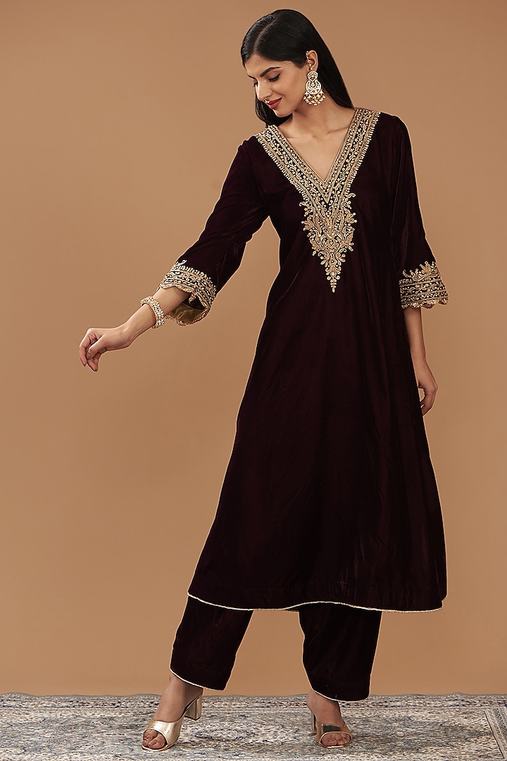 Wine Silk Velvet Hand & Machine Embroidered Long Choga Kurta Set by Sheetal Batra at Pernia's Pop Up Shop