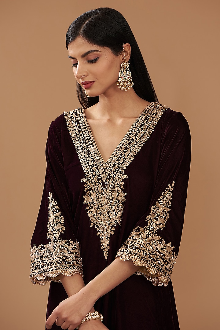 Wine Silk Velvet Hand & Machine Embroidered Long Choga Kurta Set by Sheetal Batra at Pernia's Pop Up Shop