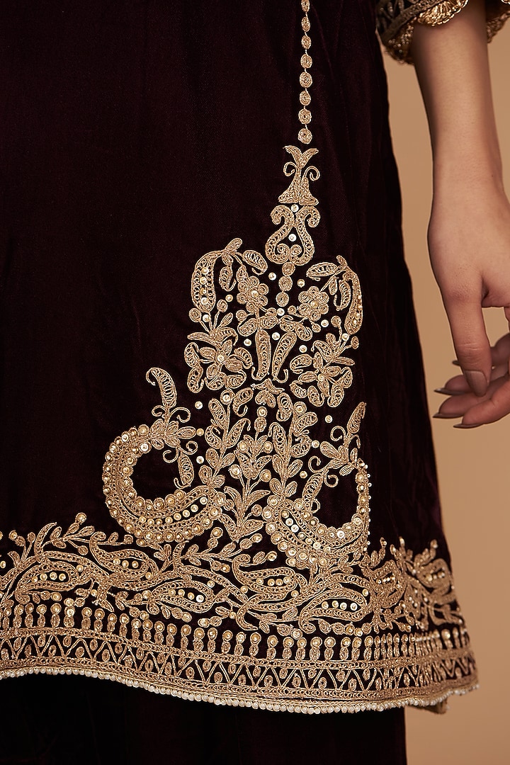 Wine Silk Velvet Hand & Machine Embroidered Short Kurta Set by Sheetal Batra at Pernia's Pop Up Shop