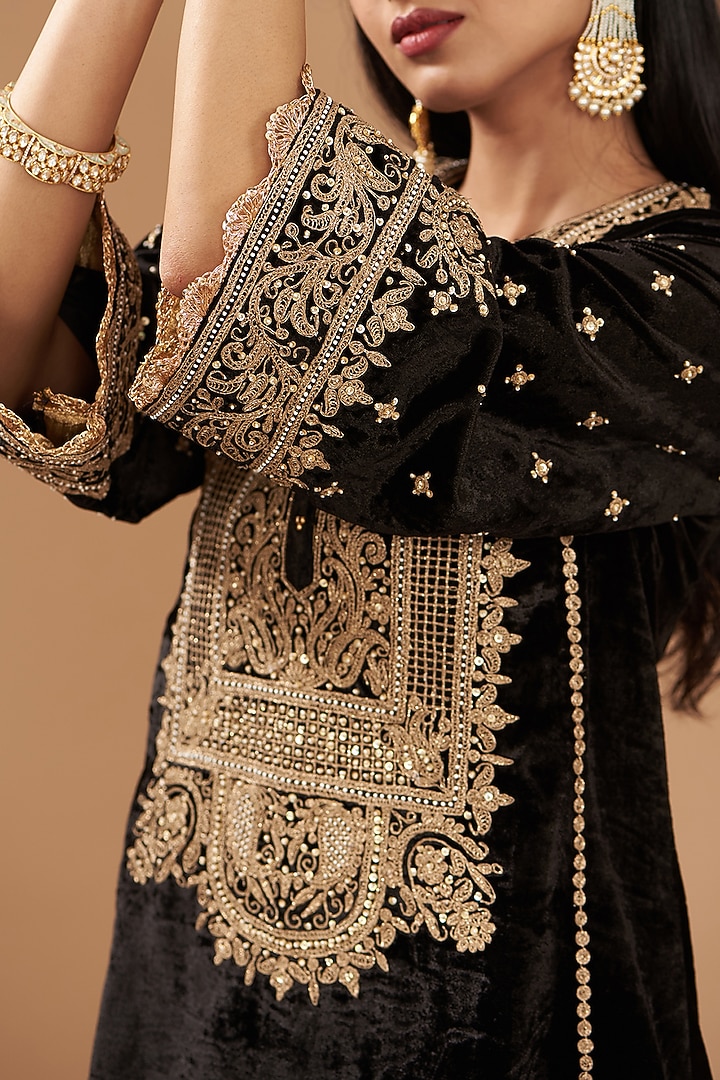 Black Silk Velvet Hand & Machine Embroidered A-Line Kurta Set by Sheetal Batra at Pernia's Pop Up Shop