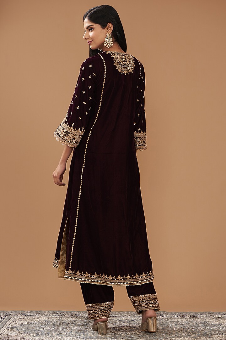 Wine Silk Velvet Hand & Machine Embroidered A-Line Kurta Set by Sheetal Batra at Pernia's Pop Up Shop