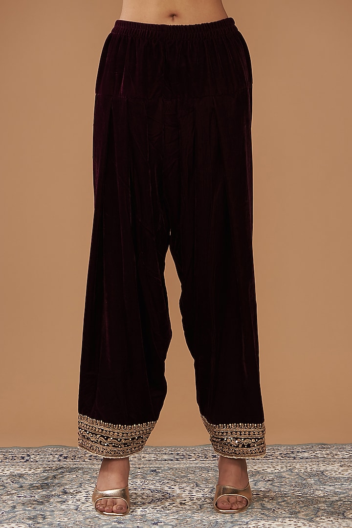 Wine Silk Velvet Hand & Machine Embroidered A-Line Kurta Set by Sheetal Batra at Pernia's Pop Up Shop