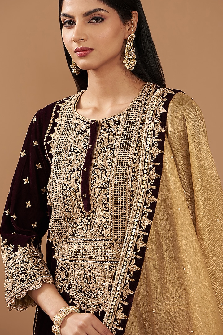 Wine Silk Velvet Hand & Machine Embroidered A-Line Kurta Set by Sheetal Batra at Pernia's Pop Up Shop