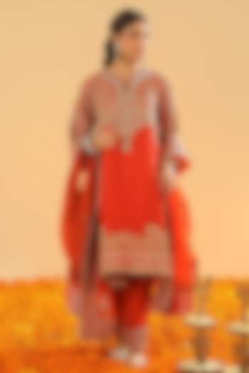 Burnt Orange Silk Chanderi Zardosi Embroidered Choga Kurta Set by Sheetal Batra at Pernia's Pop Up Shop