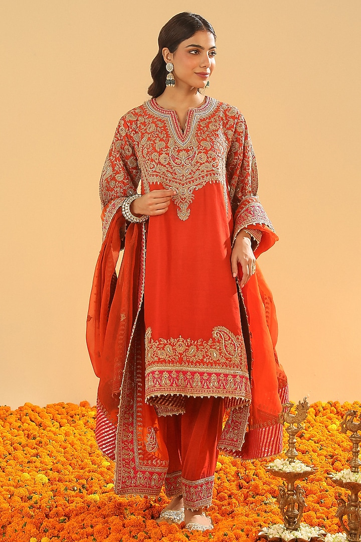 Burnt Orange Silk Chanderi Zardosi Embroidered Choga Kurta Set by Sheetal Batra at Pernia's Pop Up Shop