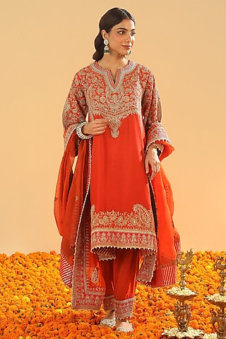 Burnt Orange Silk Chanderi Zardosi Embroidered Choga Kurta Set by Sheetal Batra