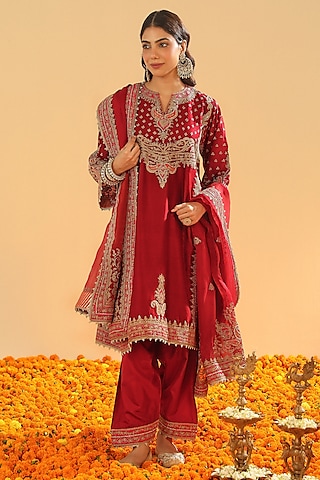 Deep Red Silk Chanderi Zardosi Embroidered Choga Kurta Set by Sheetal Batra