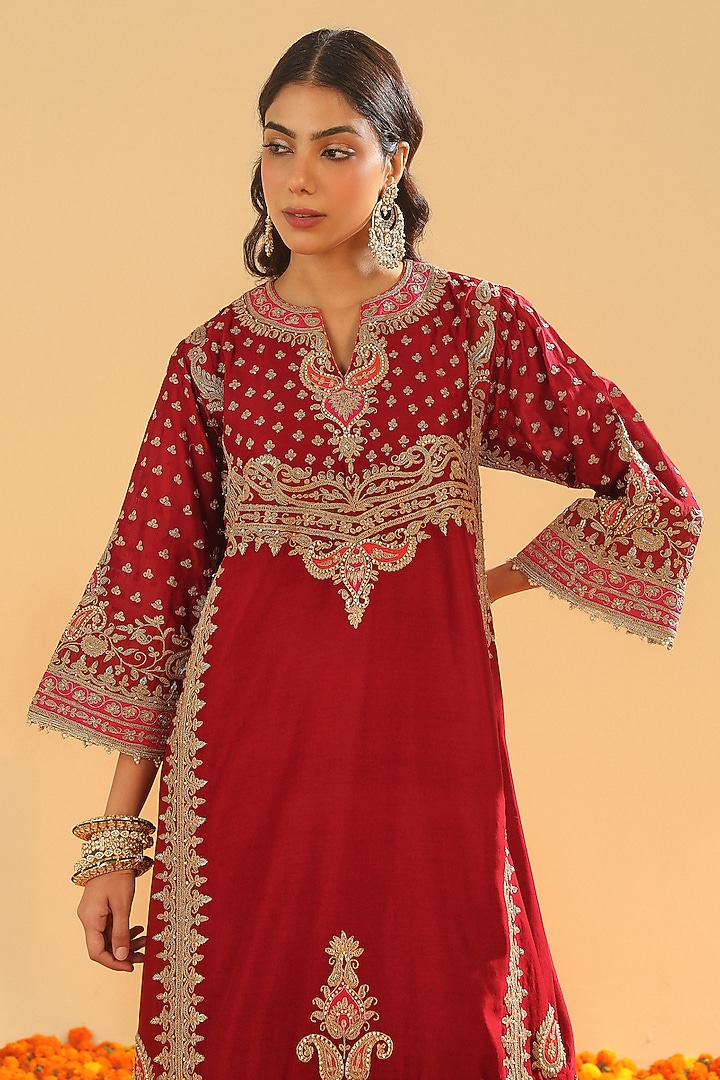 Deep Red Silk Chanderi Zardosi Embroidered Choga Kurta Set by Sheetal Batra at Pernia's Pop Up Shop