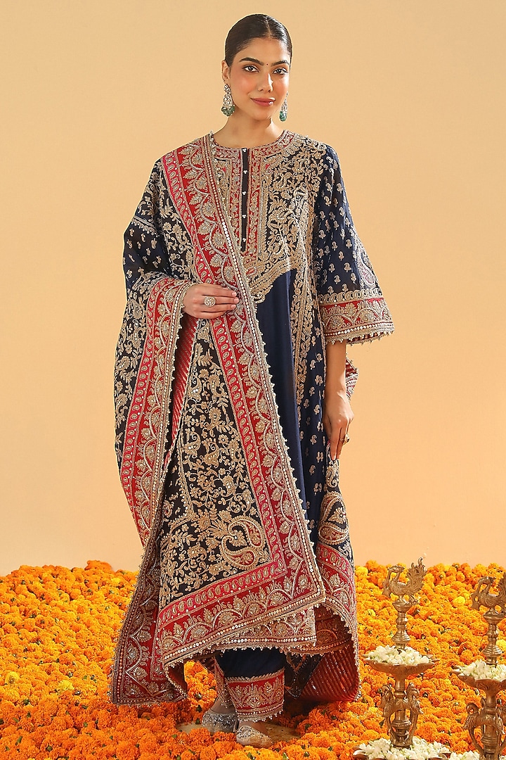 Deep Blue Silk Chanderi Zardosi Embroidered Choga Kurta Set by Sheetal Batra at Pernia's Pop Up Shop