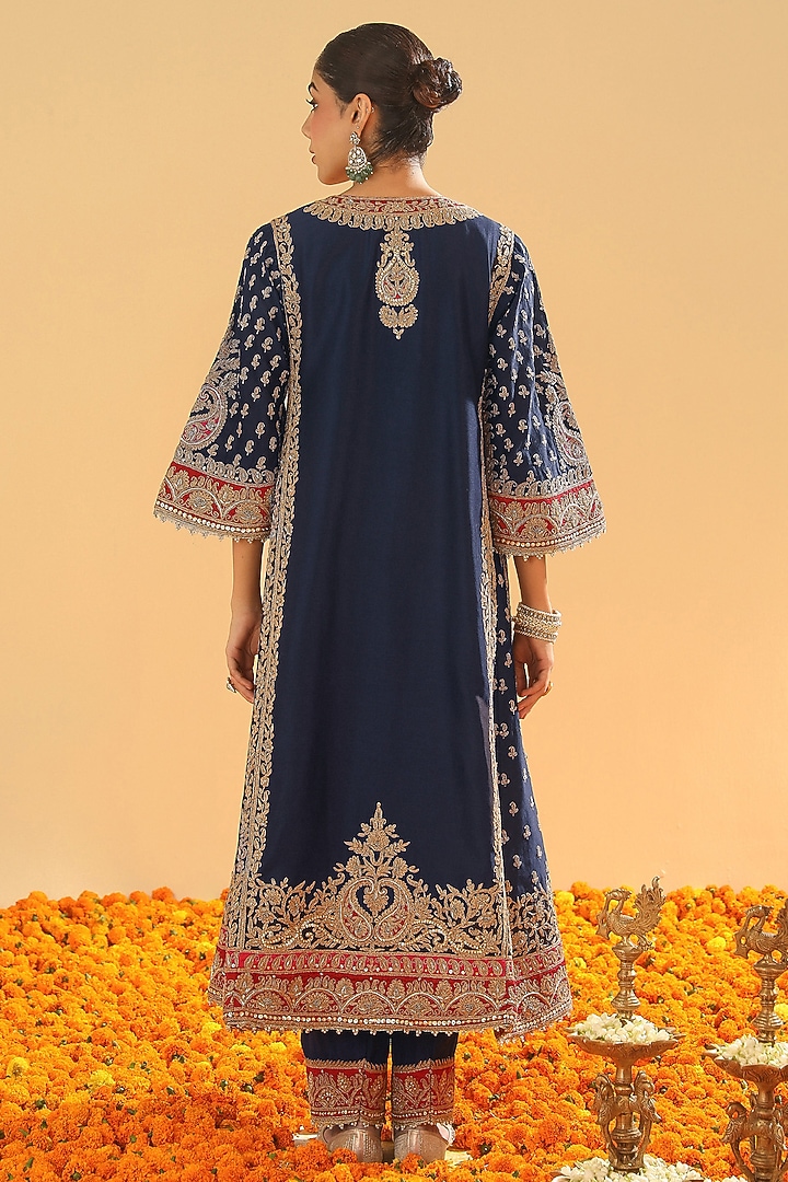 Deep Blue Silk Chanderi Zardosi Embroidered Choga Kurta Set by Sheetal Batra at Pernia's Pop Up Shop