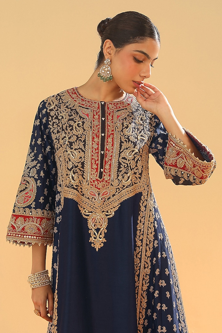 Deep Blue Silk Chanderi Zardosi Embroidered Choga Kurta Set by Sheetal Batra at Pernia's Pop Up Shop